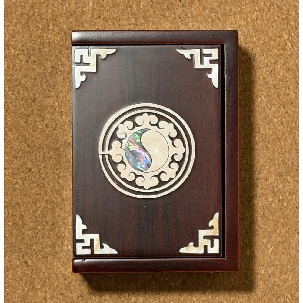 Wood Business Card Holder Box, Metal Inlay Abalone Yin Yang, Red Lined